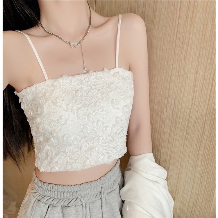 Áo bra ren 2 dây dáng croptop cao cấp,áo ngực kèm mút nâng,áo quây ngực 2 dây ren hoa hồng BR586