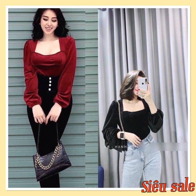 Áo Nhung cổ vuông tay dài cao cấp