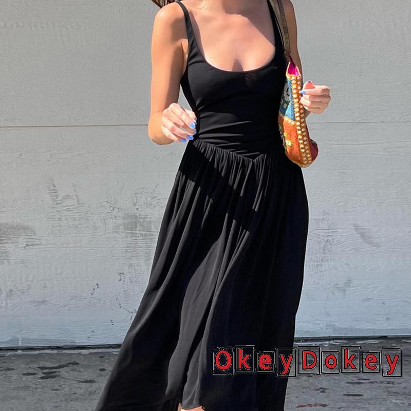 Đầm Dáng Chữ A Không Tay Cổ Chữ U Lưng Cao Màu Trơn Thời Trang Mùa Hè Cho Nữ