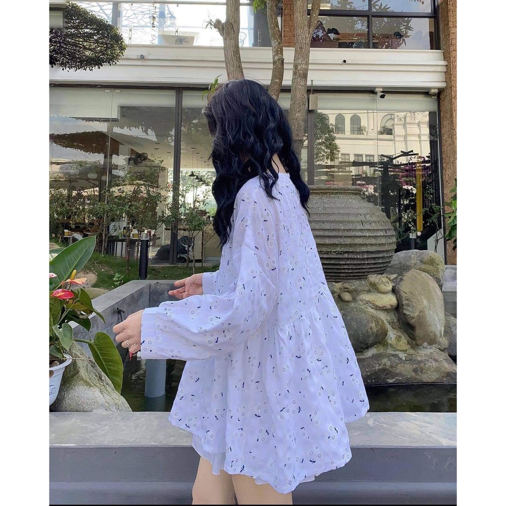 Áo babydoll nữ trắng hoa nhí dáng dài kiểu tiểu thư bánh bèo ulzzang trong sáng Nhungkudo | BigBuy360 - bigbuy360.vn