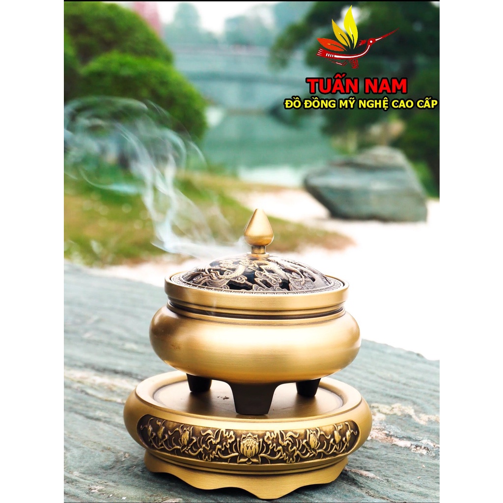 Lư Đồng Xông Trầm Hương - Đỉnh Đốt Nhang Trầm Đúc Đồng Vàng Nguyên Khối