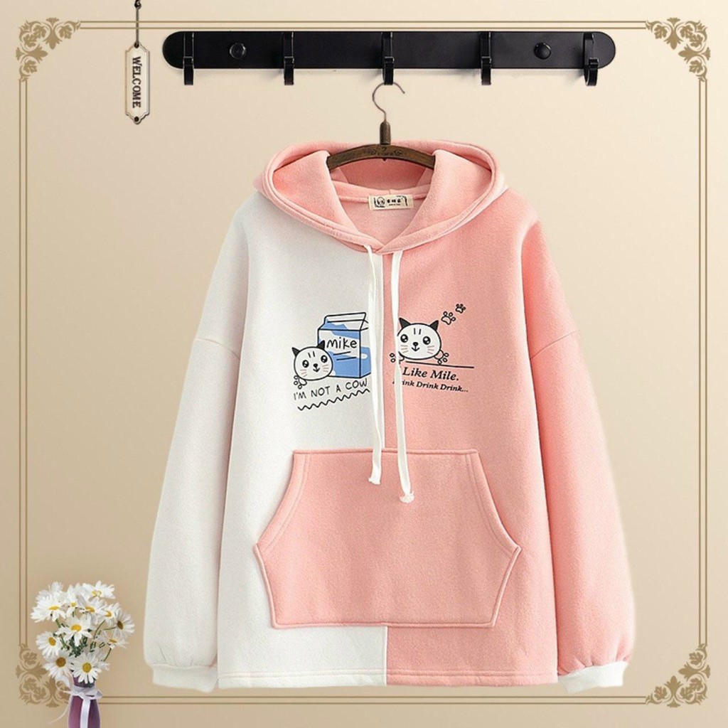 Áo khoác hoodie nữ  FREESHIP  Áo hoodie nữ in hình mèo con thích sữa siêu đáng yêu