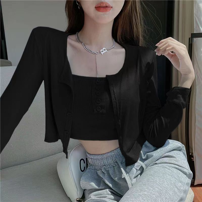 Happy-store ❤️ Set áo khoác cardigan len dài tay tặng áo hai dây 3 màu trắng, đen, xám, chất vải mềm mịn happy store8668