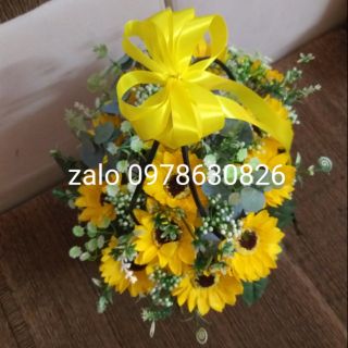 Giỏ Hoa sáp hướng dương 15 bông & cỏ điểm, hình thật.