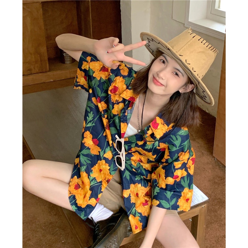 Áo Sơ Mi Nữ Tay Ngắn Họa Tiết Hoa Hướng Dương Thời Trang