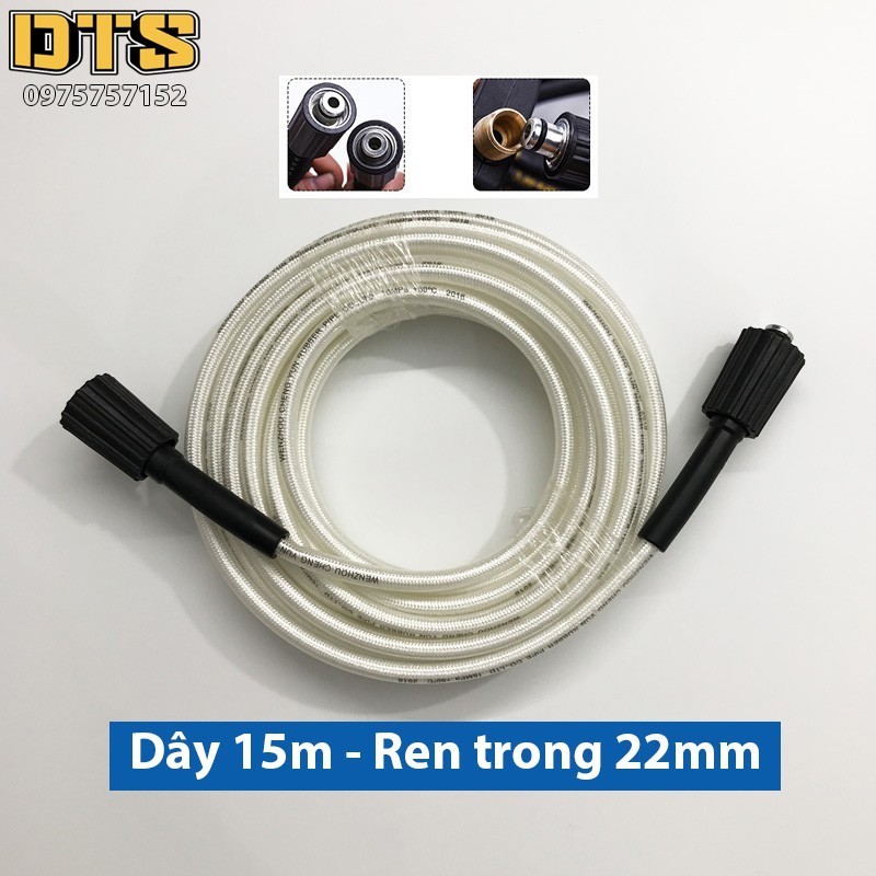 15m Dây rửa xe cao áp cho máy xịt rửa áp lực - Ren trong 22mm