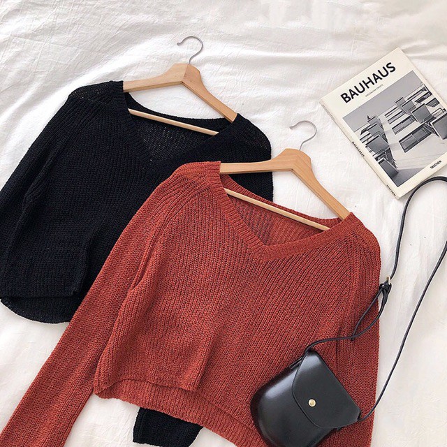 [ ORDER ] Áo len mỏng tay dài nhiều màu ulzzang _ Áo thun len croptop cổ V QC