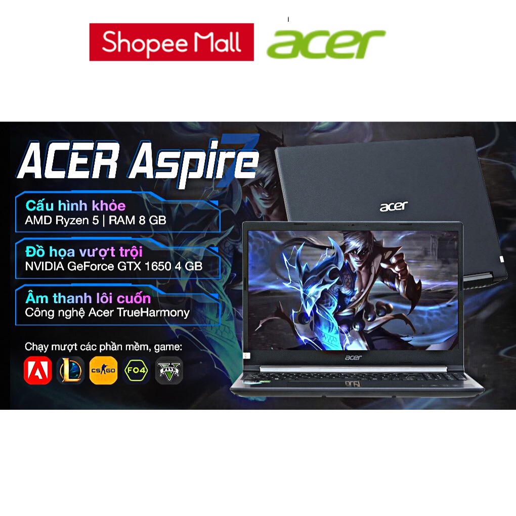 Laptop Acer Aspire 7 A715-42G-R4XX (NH.QAYSV.008)/ Đen/ AMD Ryzen 5 5500U/ RAM 8GB/ 256GB SSD/NVIDIA GTX 1650/15.6&quot; FHD