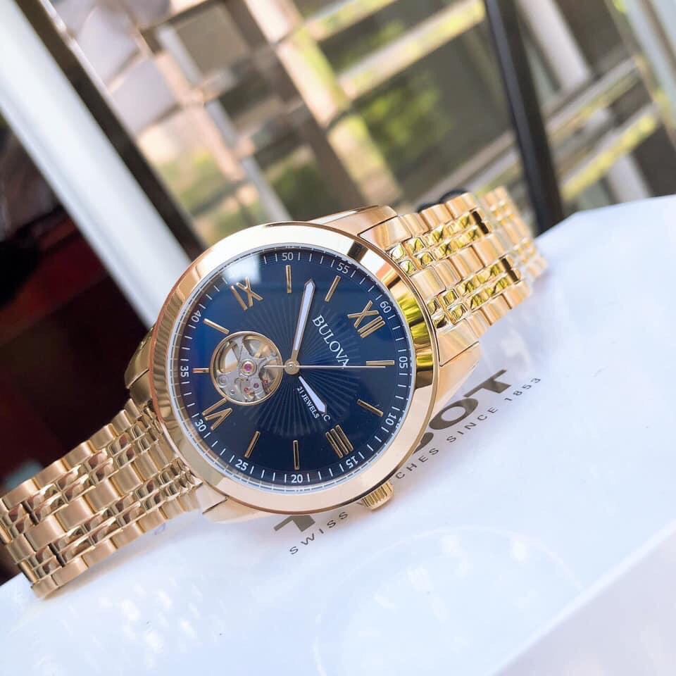 Đồng hồ Nam chính hãng Bulova Open Heart Blue 97A131 Autopmatic-Máy cơ tự động-Dây thép không gỉ mạ vàng-Size 42mm