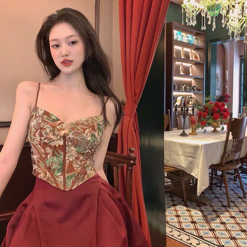 SET Áo Dây Ôm Croptop Hoa + Váy Xoè Đỏ Đô Sang Chảnh