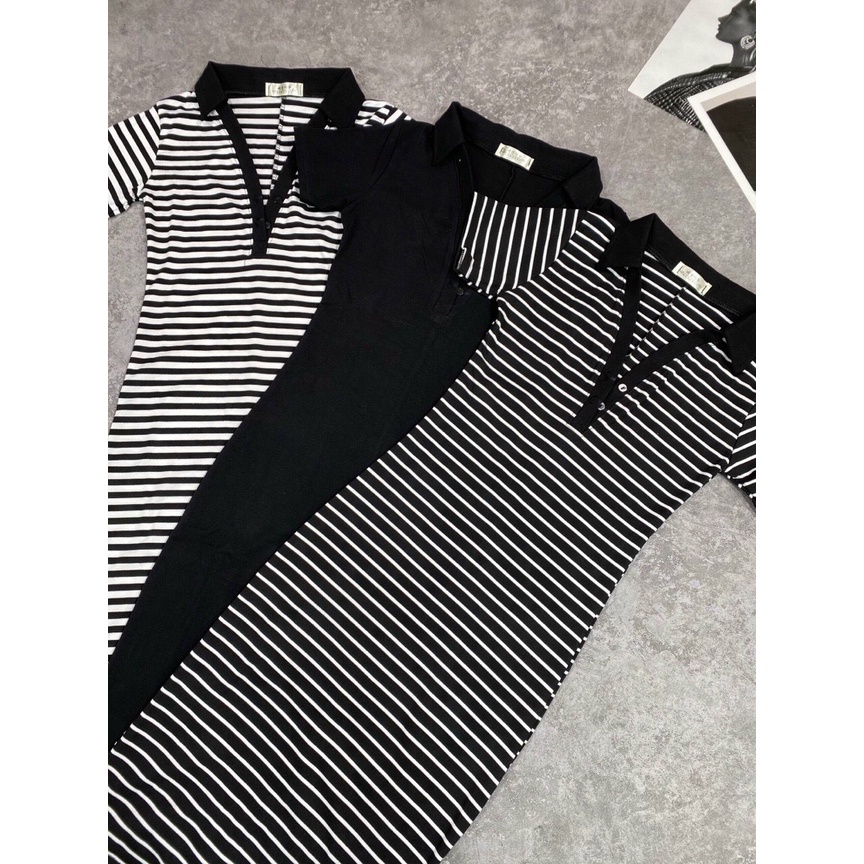 Váy body kẻ cổ bẻ siêu tôn dáng