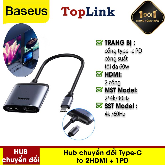 Hub Chuyển Đổi Type-C To 2HDMI + 1PD Cho Macbook Air Pro Samsung Huawei - Thương Hiệu Baseus