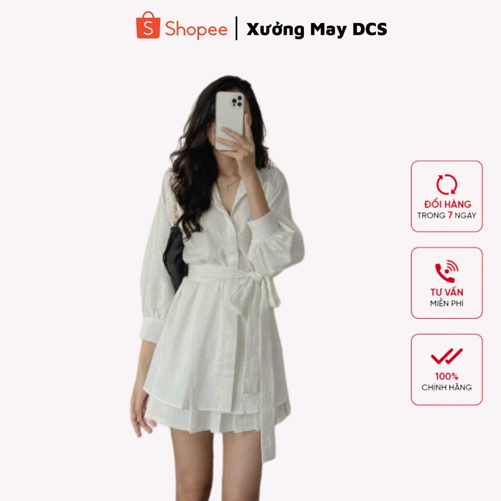 Set Váy Sơ Mi Suông Kèm Đai Buộc Chất Liệu Đũi Quần Đùi/Chân Váy Tiểu Thư Cá Tính 2 Màu Mã 007
