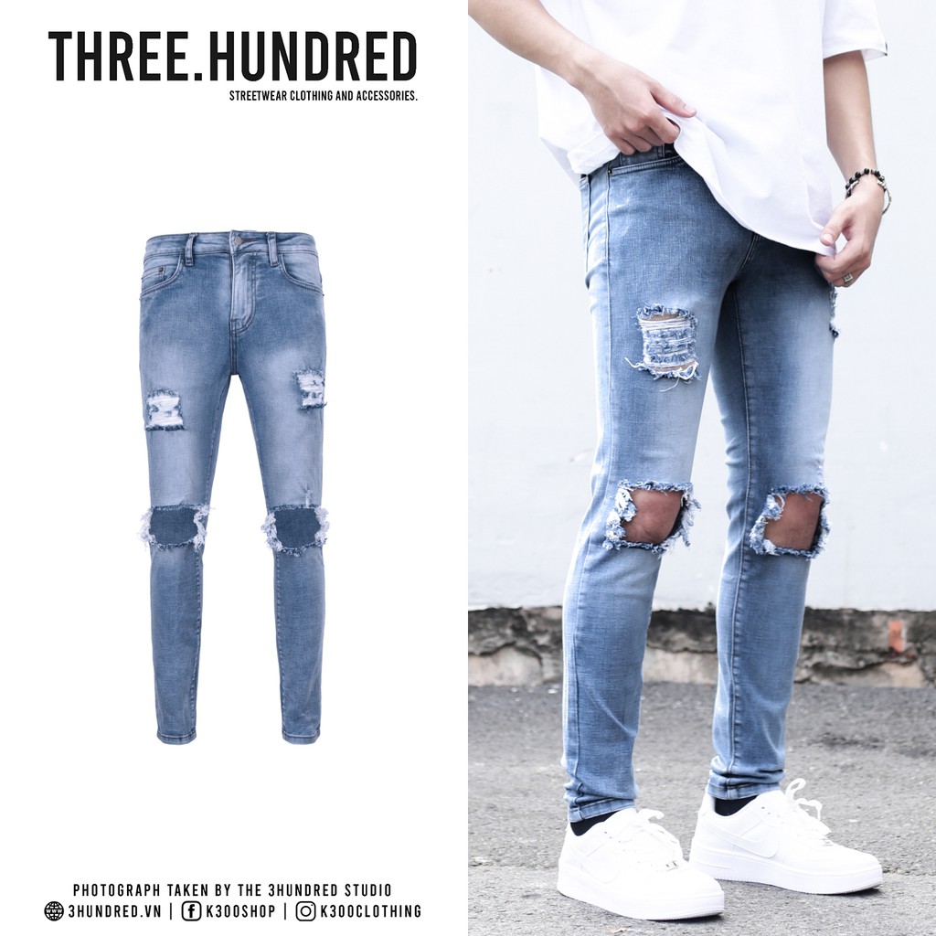 Quần Skinny Jeans Nam-Màu Xanh Nhạt-Rách Gối To-Chất Liệu Cotton Co Giãn-Ống Đứng Dáng-Ống Ôm Chân Chuẩn Skinny | BigBuy360 - bigbuy360.vn