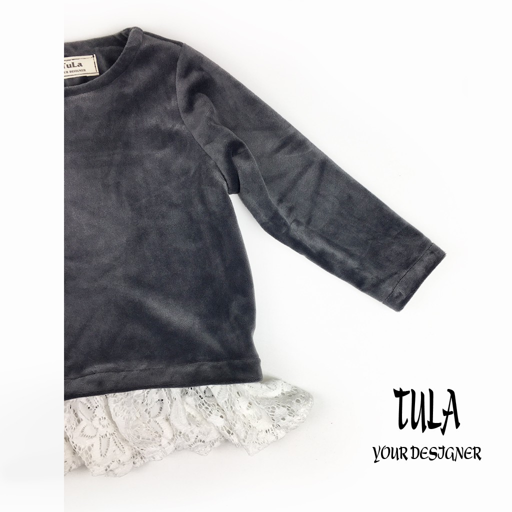 Bộ quần áo thu đông thiết kế cho bé gái phối nhung và ren