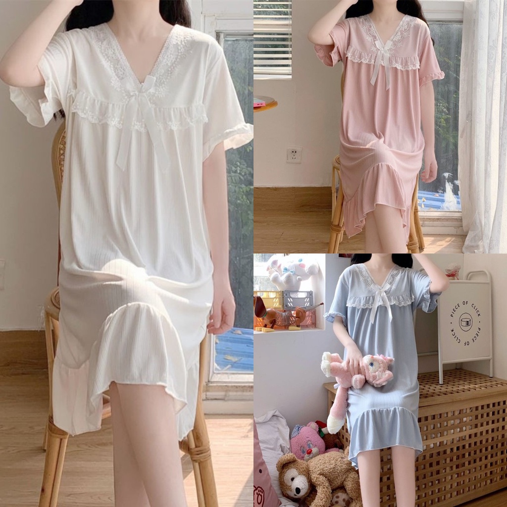 【Spot】SpotShort long dress short sleeved nightwear bigsize Nightwear Short Sleeve V-neck Summer Fashion Comfortable For Women