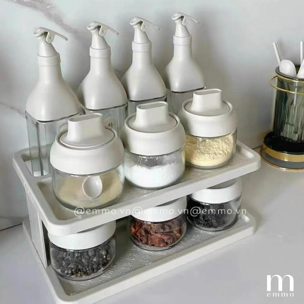 BỘ HỦ ĐỰNG GIA VỊ, CHAI ĐỰNG GIA VỊ KÈM KỆ THỦY TINH CAO CẤP EMMO BLISSFUL