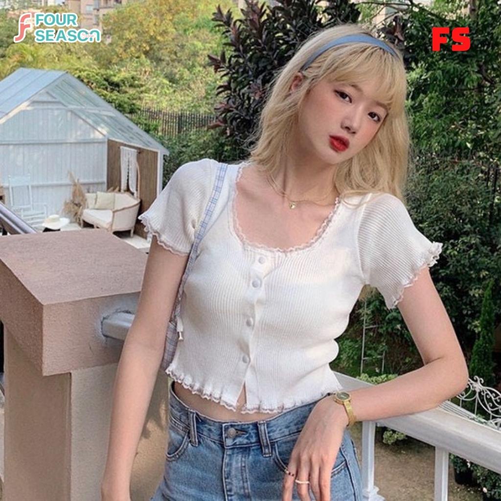 Áo croptop tay ngắn cổ vuông viền ren co giãn ôm body ACT07 4S áo thun nữ hottrend mềm mịn chất lượng