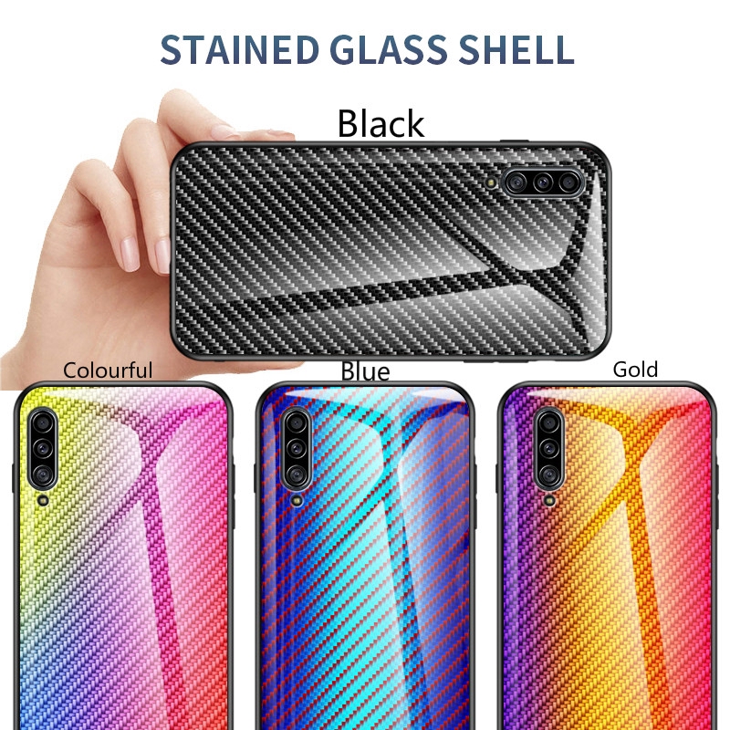 For Samsung A90 5G A10s M10s A50s A30s A50 A20s Carbon Fiber Glossy Texture Tempered Glass Phone Case