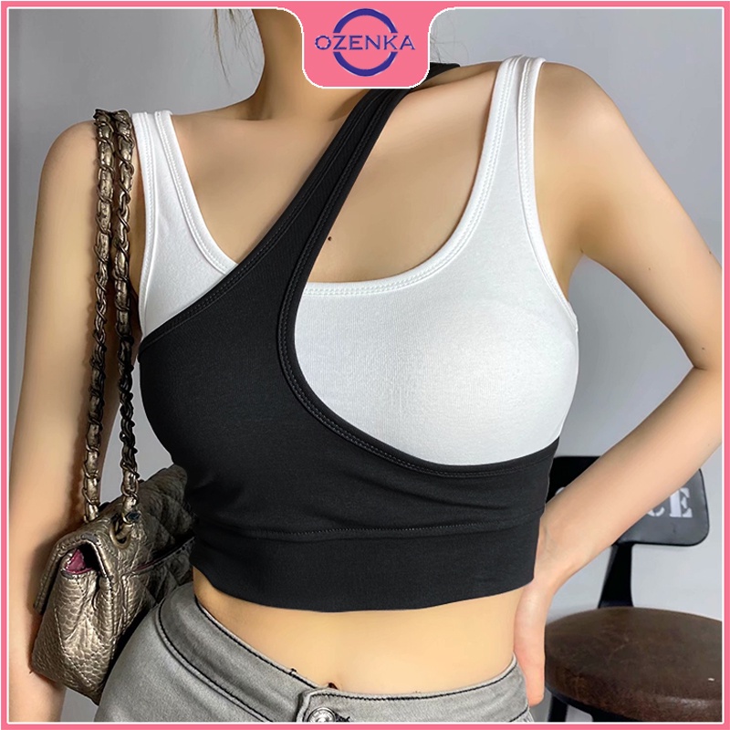 Áo ba lỗ nữ sát nách croptop OZENKA , áo thun không tay 2 lớp cải màu ôm body gợi cảm chất thun gân 100% cotton đen be