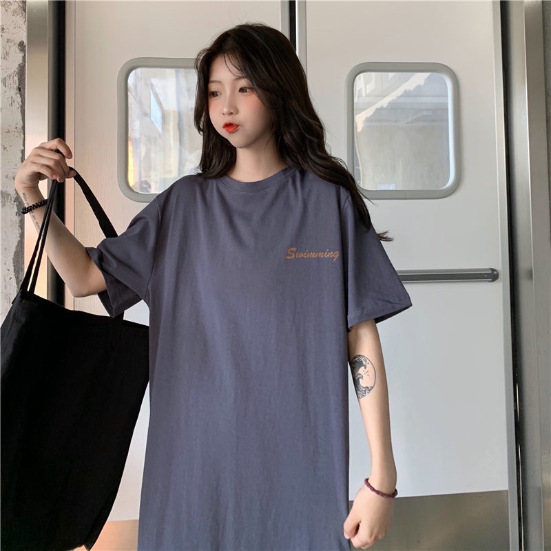 Đầm Thun Cotton Ngắn Tay Dáng Dài Qua Gối Phong Cách Cổ Điển Hàn Quốc Năm 2021 Cho Nữ