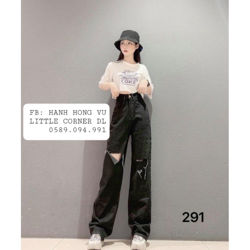 Quần jeans đen ống dài lưng cao suông loe nhẹ rách xẻ ngang gối retro form ulzzang quảng châu kèm ảnh thật