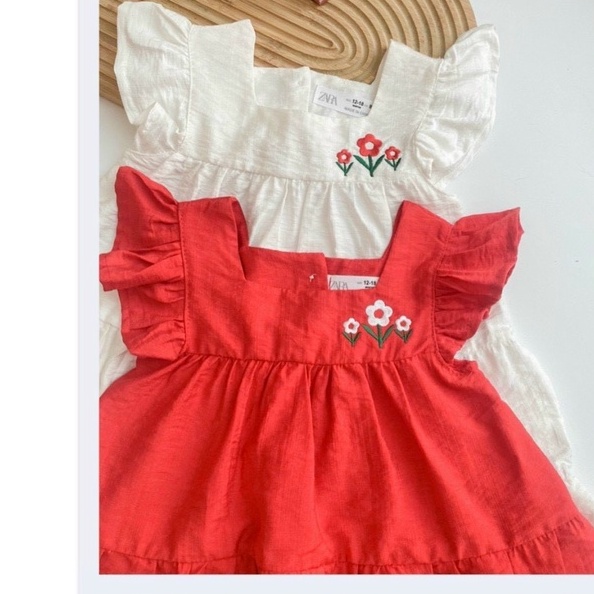 VNXK-ĐẦM ZARA ĐỎ/TRẮNG THÊU HOA SIÊU XINH CHO BÉ GÁI -MÃ ĐBG08