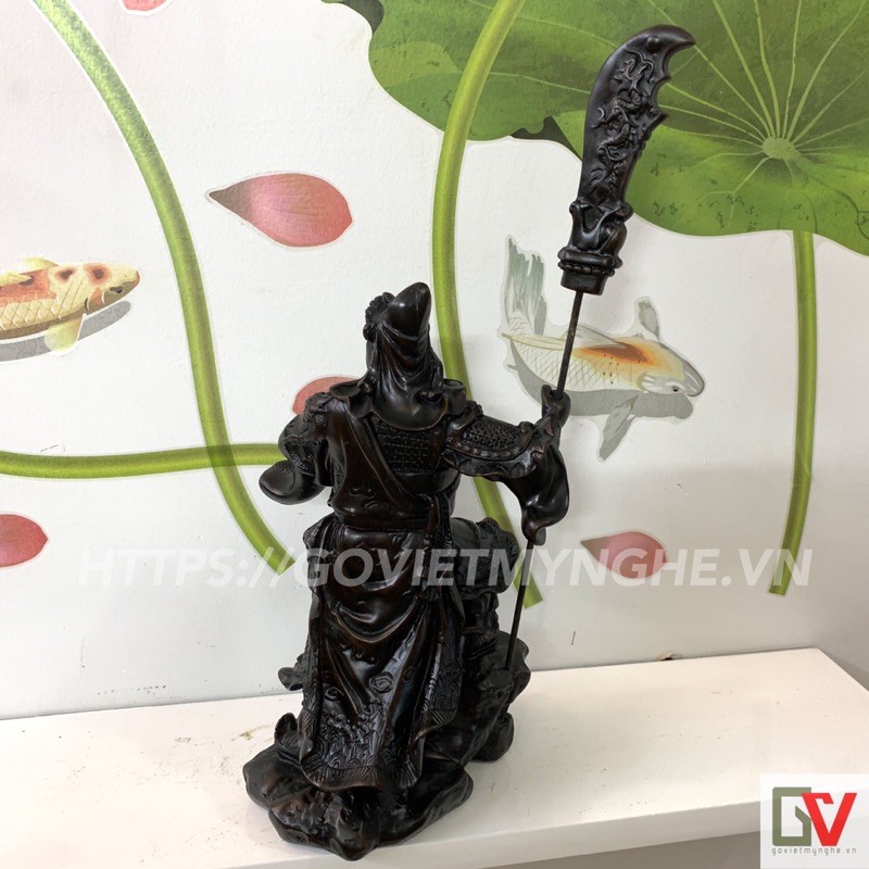 Tượng đá quan công phong thuỷ - Quan công chống đao - Chiều cao 23cm (không tính đao) - Màu nâu đen