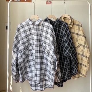 A026 Áo sơ mi kẻ caro tay bồng oversize nam nữ Áo chống nắng khoác ngoài đen trắng unisex dáng rộng hè thu dài tay phồng