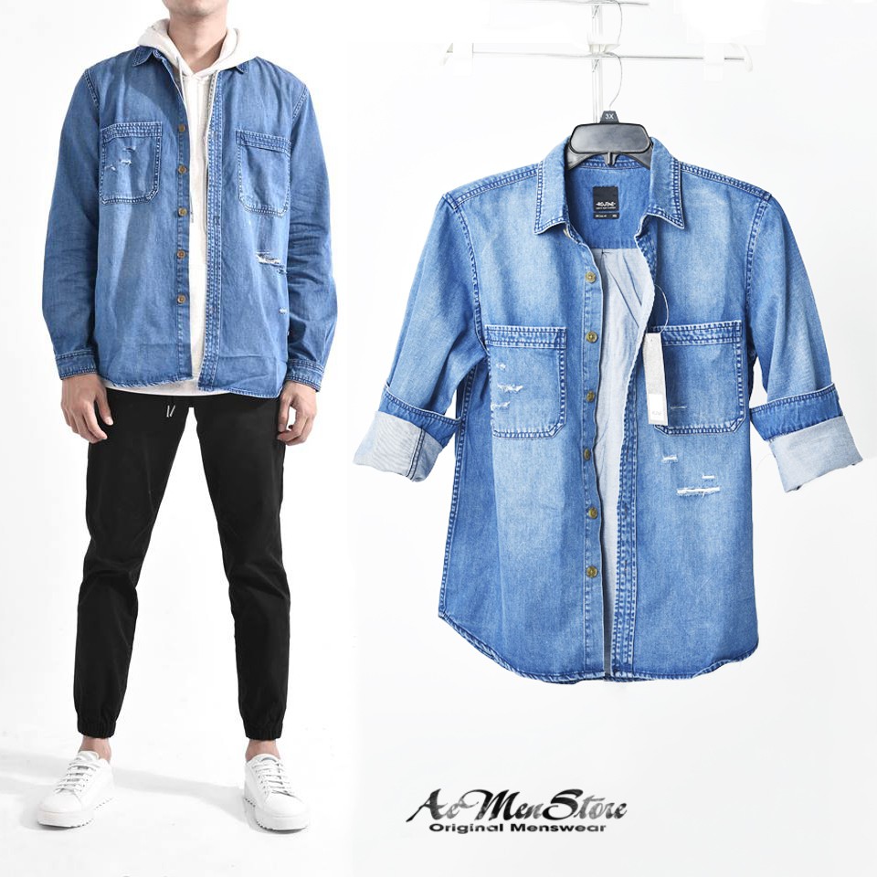 [Mã FASHIONMALLT4 giảm 15% tối đa 30K đơn 150k] Áo sơ mi nam Denim wash xanh nhạt Routine | BigBuy360 - bigbuy360.vn