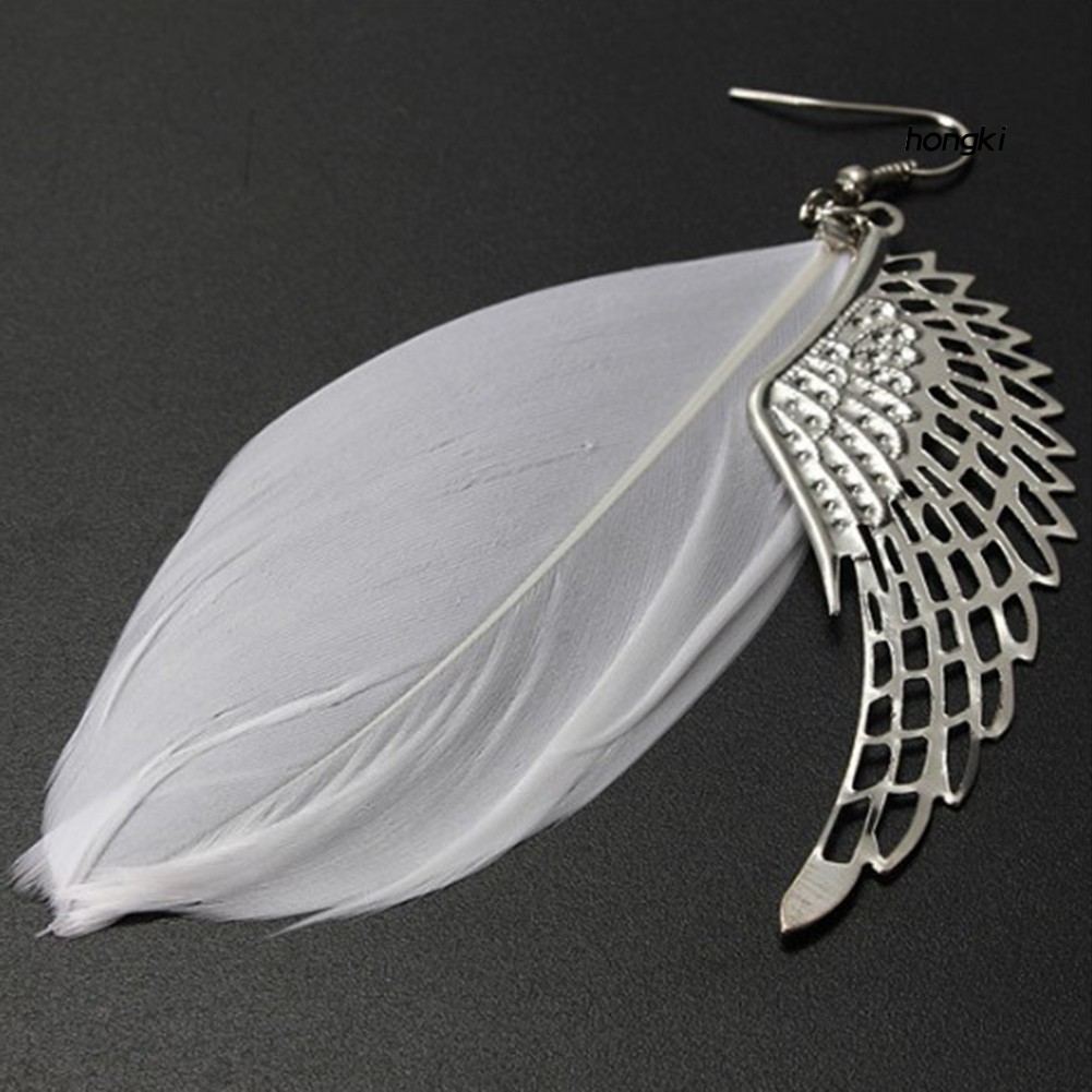 Hoa tai dáng dài mặt hình cánh thiên thần phối lông vũ thời trang dành cho nữ