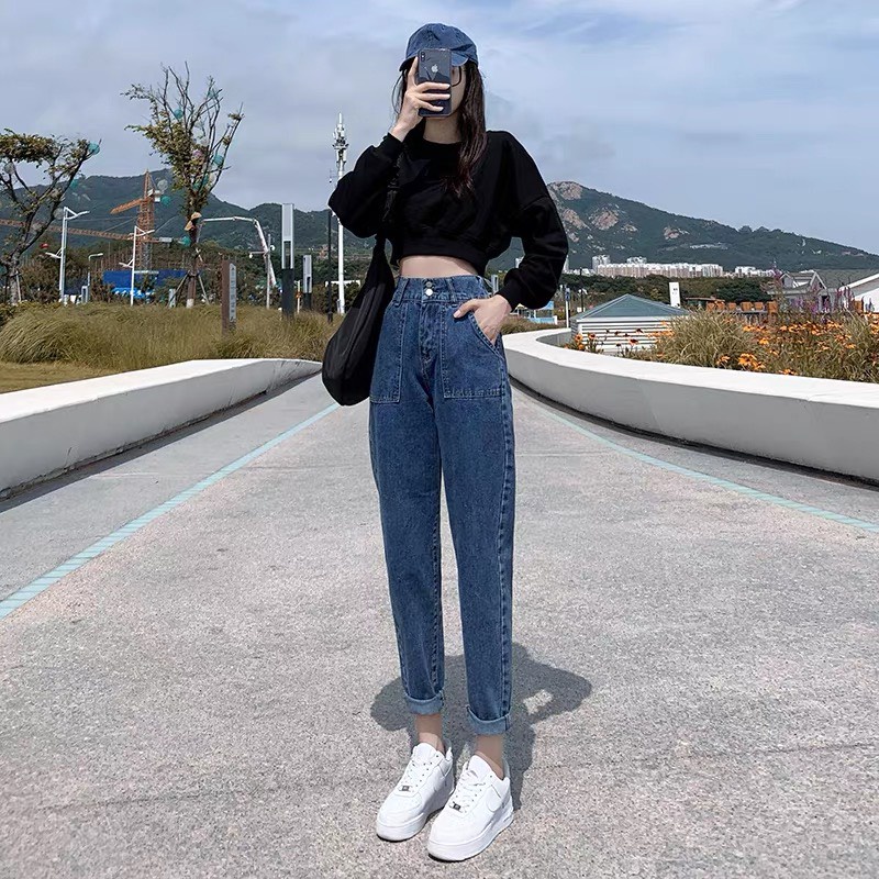 Quần jean bò baggy nữ jeans cạp cao phong cách Hàn Quốc