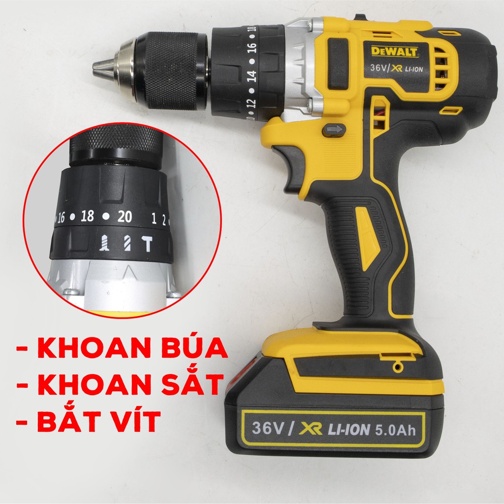 Máy khoan pin DEWALT 36V - Động cơ 775 - 2 Pin 5 cell - Có búa - Máy khoan bê tông chuyên dụng - Máy khoan pin 36V