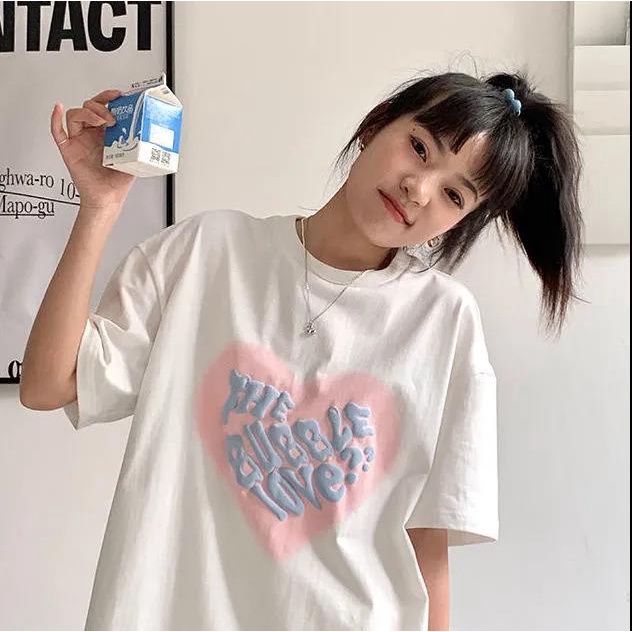 100% cotton Áo thun tay ngắn dáng rộng in hình trái tim phong cách hàn quốc đáng yêu thời trang mùa hè mới cho nữ 2023