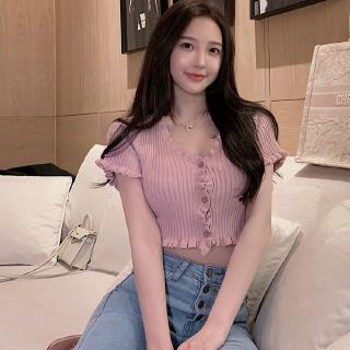 Áo croptop dệt kim cổ chữ V mẫu 2020 thời trang mùa hè quyến rũ dành cho nữ