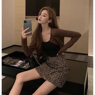 SET Áo hai dây Chân váy da beo kèm Khoác len nâu✌️Ảnh thật