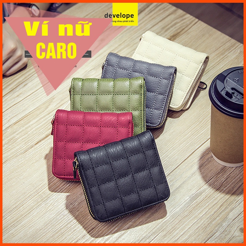 Ví nữ  DEVELOPE đựng thẻ / xu họa tiết da PU KIỂU CARO  nhỏ gọn