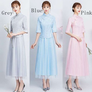 Áo đầm sườn xám dài phối ren phong cách mùa hè Trung Hoa