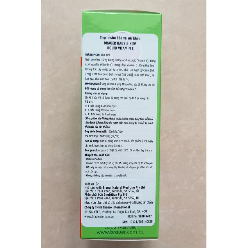 Brauer liquid vitamin C chai 100ml (Nhập khẩu chính hãng Úc). Bổ sung vitamine C giúp tăng đề kháng cho bé