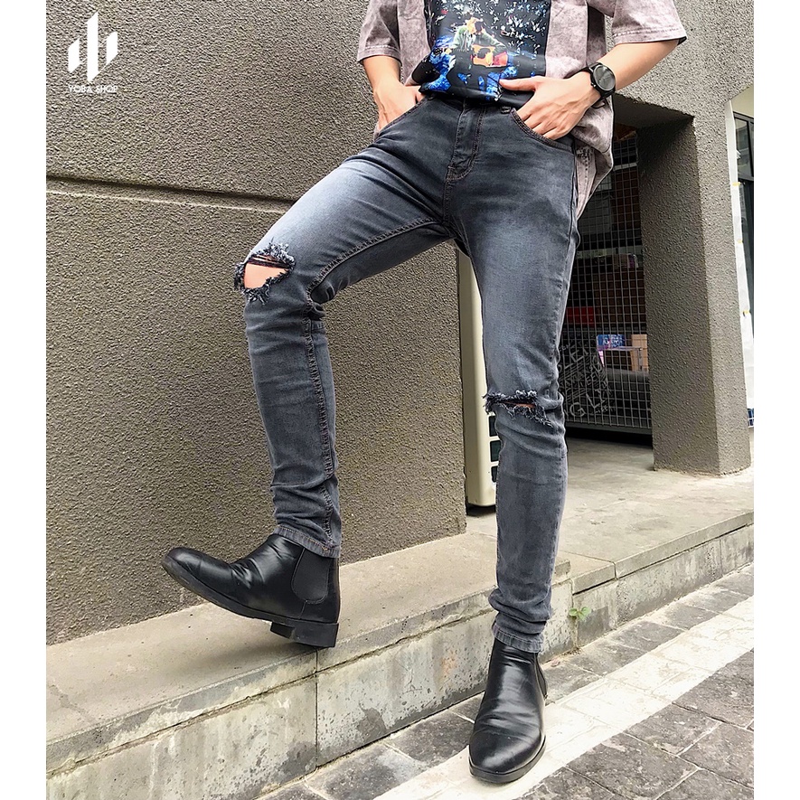 QUẦN JEANS NAM XÁM ĐẬM RÁCH GỐI ZIPPER SIÊU ĐẸP (ảnh thật 100% tự chụp)