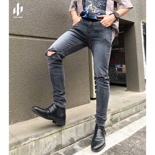 {Freeship+Voucher 20k} QUẦN JEANS NAM XÁM ĐẬM RÁCH GỐI ZIPPER SIÊU ĐẸP (ảnh thật 100% tự chụp)