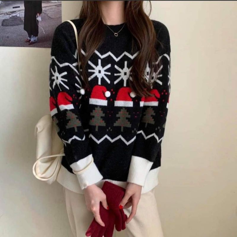 Áo len họa tiết noel phối nền trắng hàng Quảng Châu cao cấp.