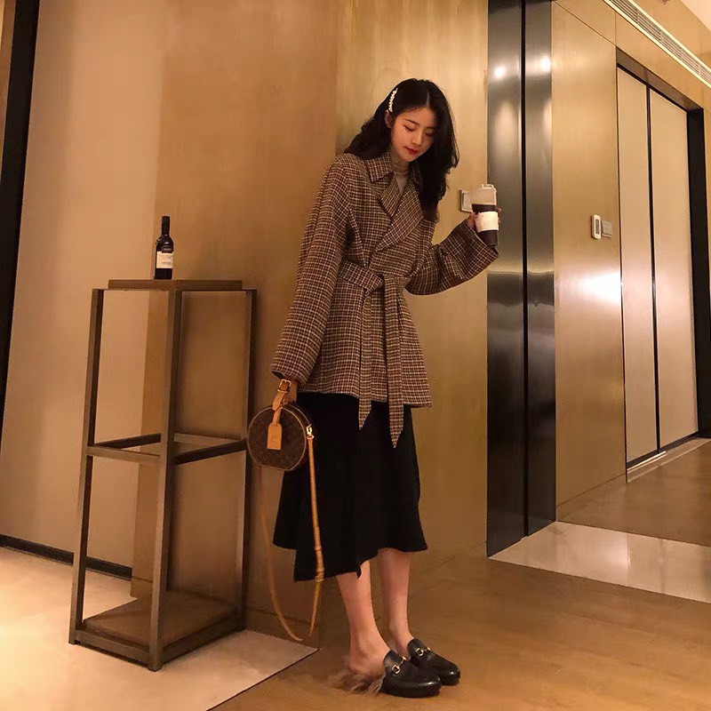  Áo Khoác Dạ Dáng Blazer Kèm Đai, Áo Khoác Blazer Dạ Kẻ Caro Phong Cách Hàn Quốc | BigBuy360 - bigbuy360.vn