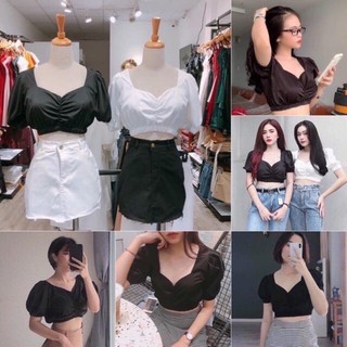 Áo croptop tay phồng 2 màu nhún eo