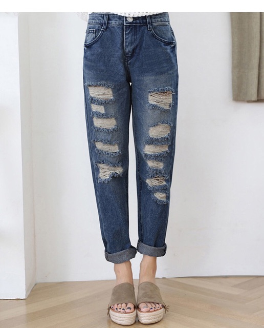 Quần jean baggy xanh đậm lưng thun big size wash rách size đại 70-90kg