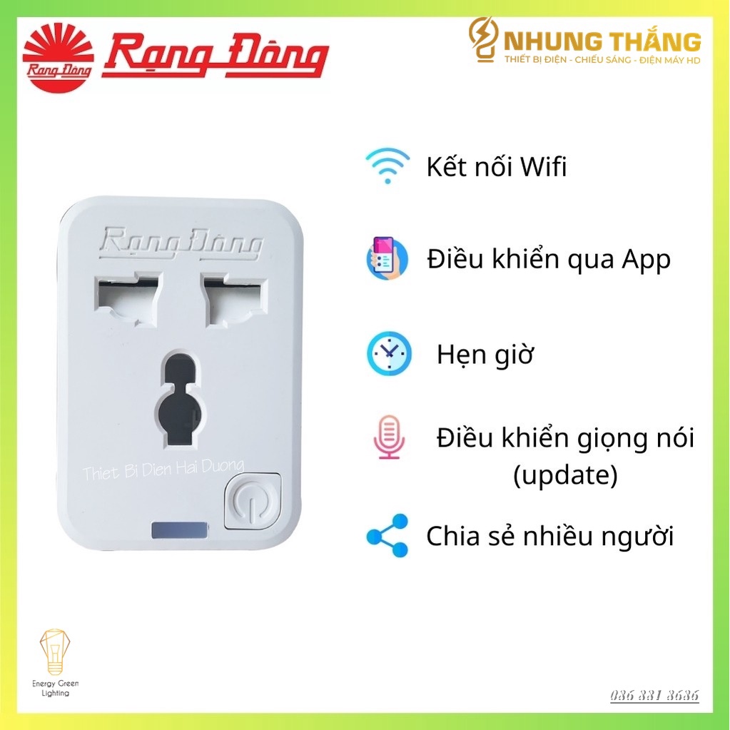 Ổ Cắm Thông Minh OC.01.WF 16A - Ổ Cắm Wifi Rạng Đông 3000W - Chức Năng Hẹn Giờ, Điều Khiển Từ Xa - Bảo Hành 2 Năm