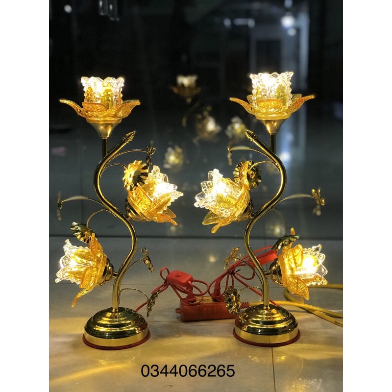 Lẻ 1 Chiếc Đèn thờ thuỷ tinh LED hoa sen 3 bông cao 50cm