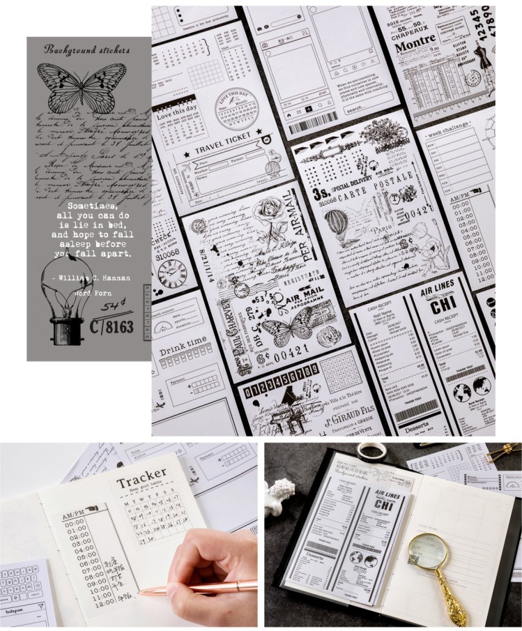 DecorMe Sticker phong cách retro BW set 6 tờ trang trí sổ bullet journal