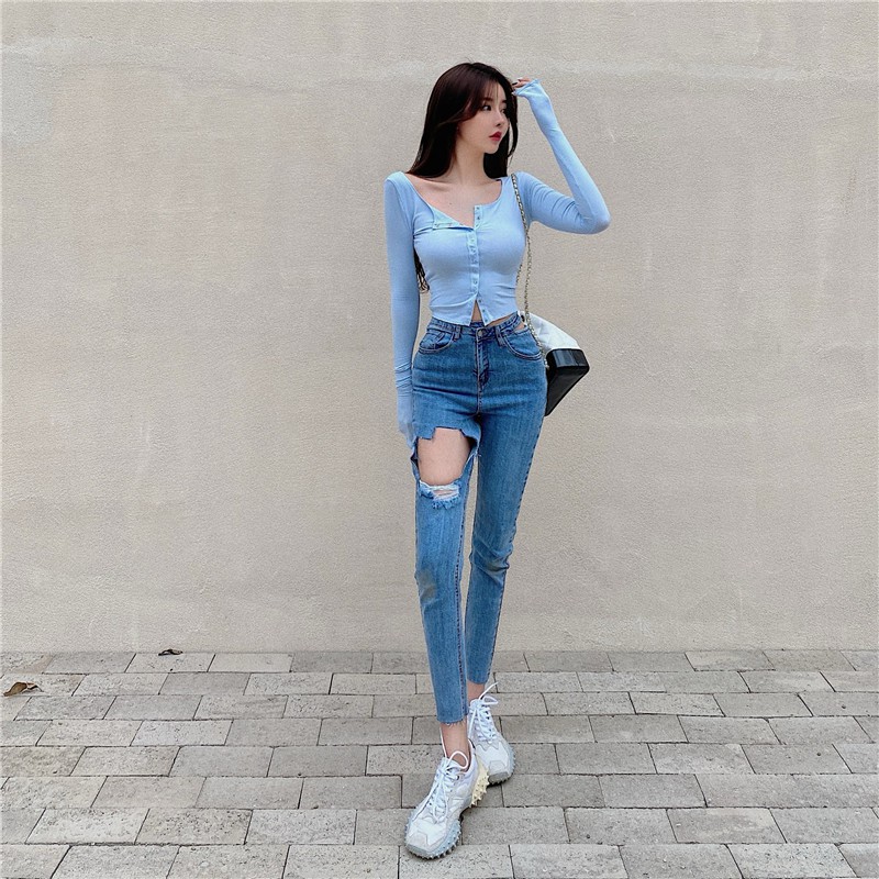 Ulzzang ( 얼짱) - QUẦN JEANS RÁCH DÁNG ÔM THỜI TRANG NỮ