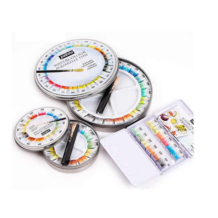 Màu nước Pebeo Watercolor Aquarelle dạng nén set 24 màu đi kèm cọ vẽ và khay pha màu